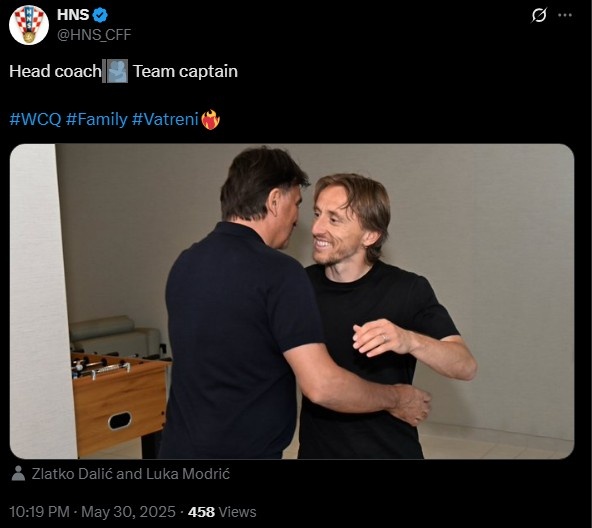 39-year-old Modric arrived at the national team and posted a photo to hug the head coach