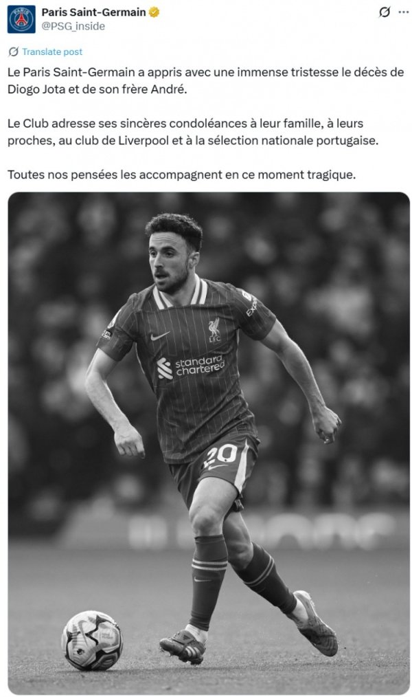 Paris officials urged to mourn Jota: In this sad moment, our hearts are with them