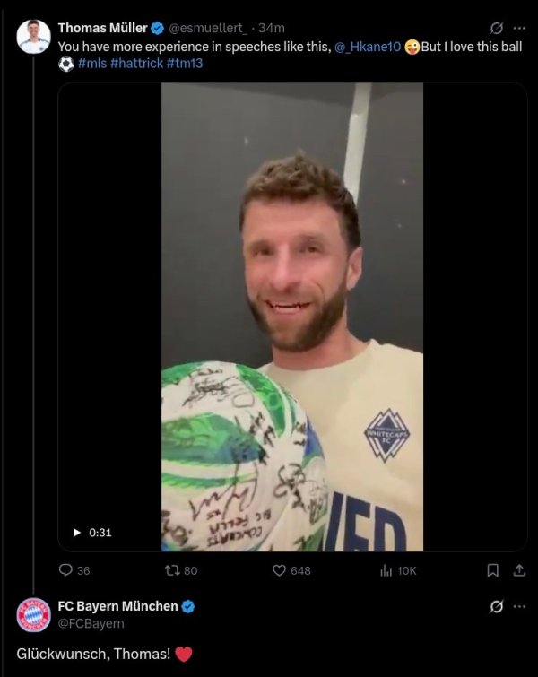 Mueller wore a hat on his birthday and interacted with Kane on social media, and Bayern officials sent him congratulations