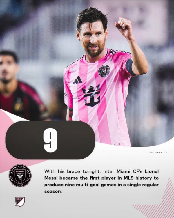 Too strong! Messi is the first person in the history of the competition to have double shots in 9 MLS regular season games in a single season.