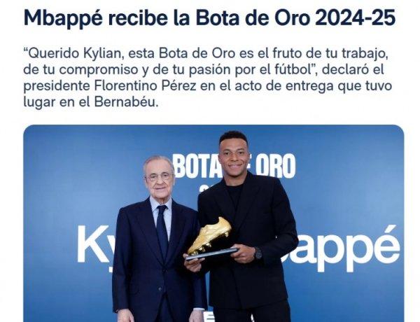 Receive the European Golden Boot Award! Florentino congratulates Mbappe: We at Real Madrid are proud of you